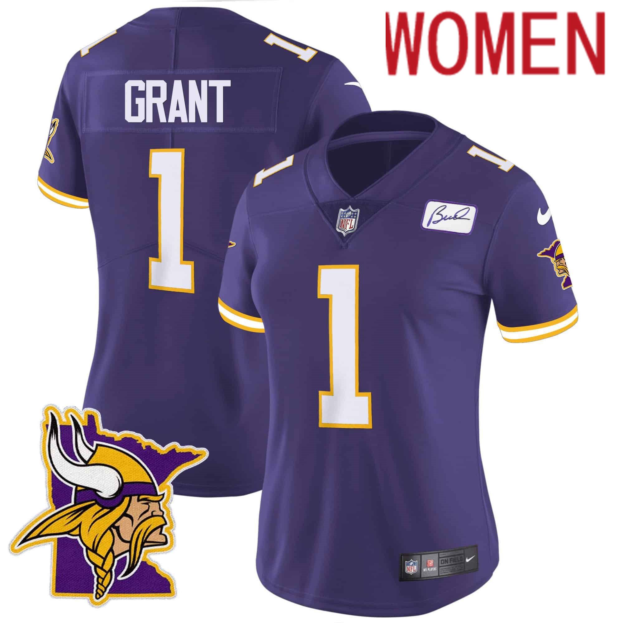 Women Minnesota Vikings 1 Grant Purple 2024 Nike Patch Classic Limited NFL Jersey style 1